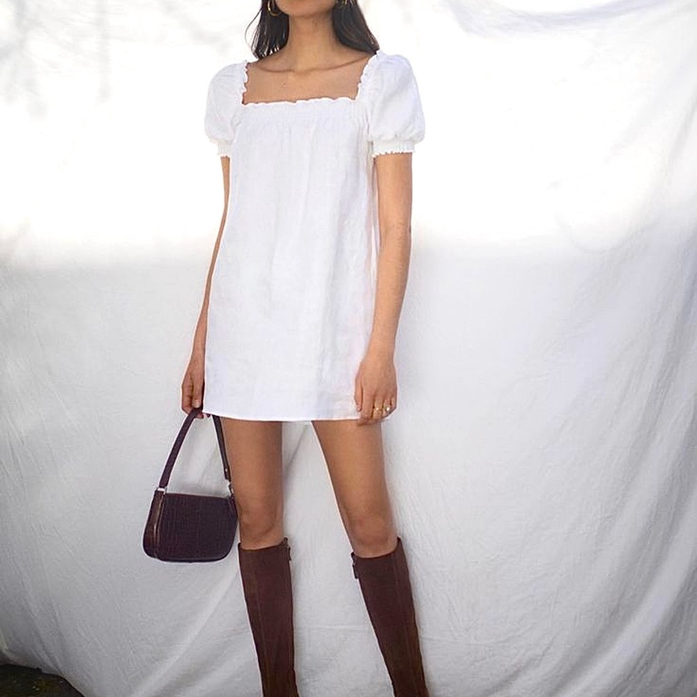 (New with Tags) Reformation Carsen Linen Mini Dress, White, Small